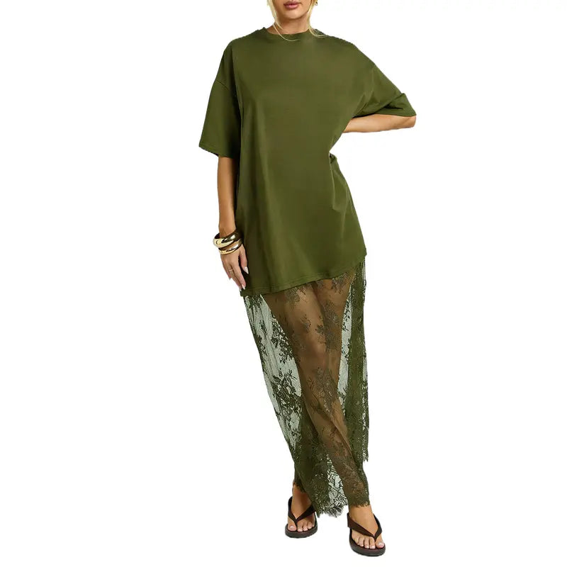 Oversized T-Shirt Maxi Dress with Sheer Lace Hem Drop Shoulder